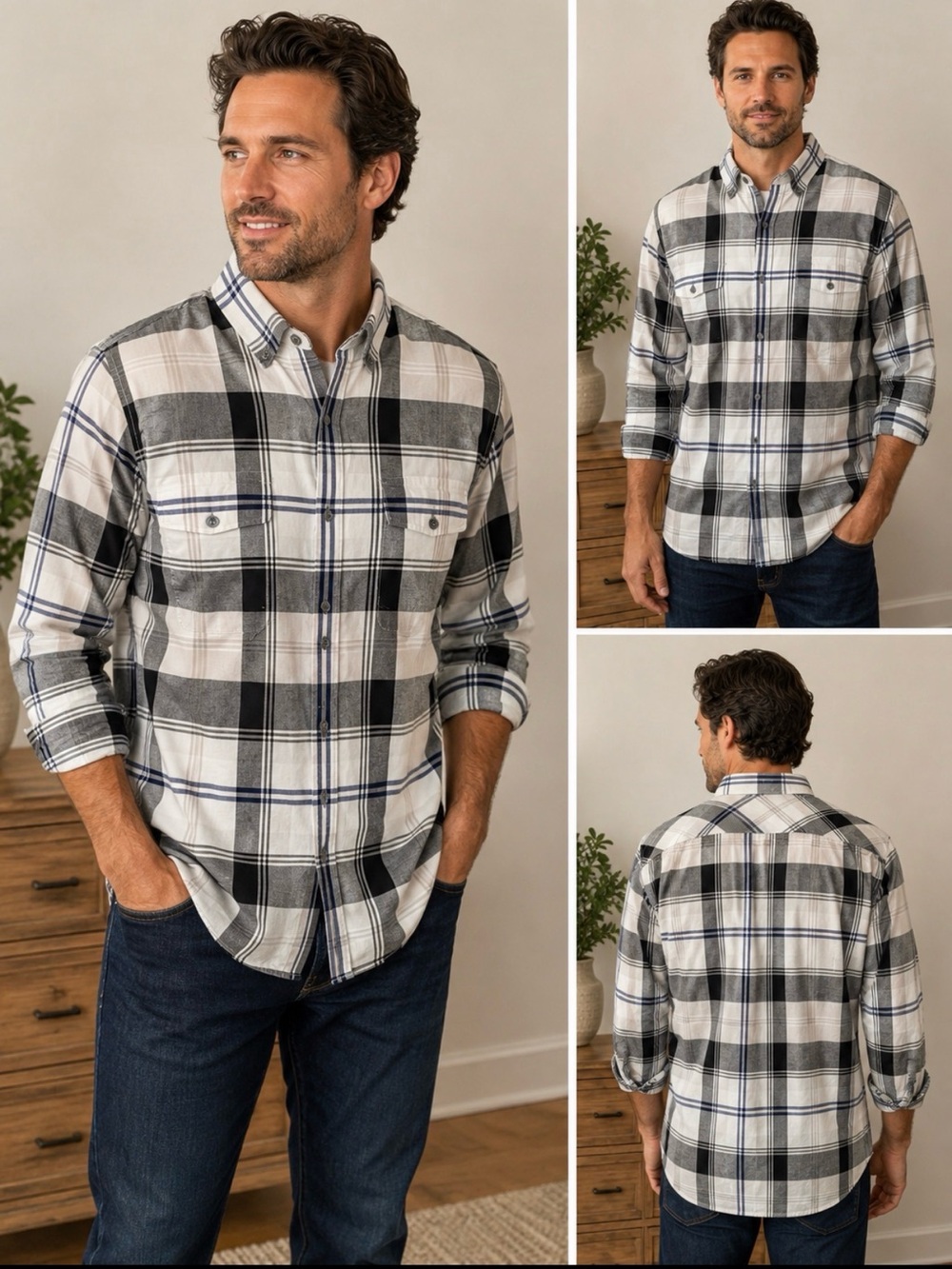 Express Navy and White Plaid Button-Up Shirt